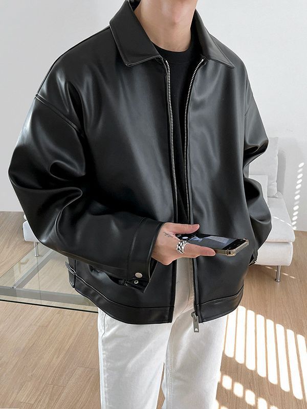 Men’s Korean Style PU Leather Baseball Jacket – Casual Loose-Fit Outerwear for Spring and Autumn