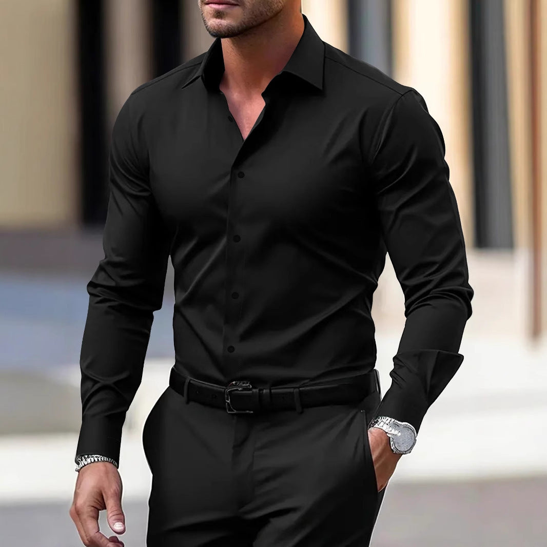 Men’s Long Sleeve Button Down Shirt – Solid Color Business Casual Lapel Top for Summer & Vacation Wear