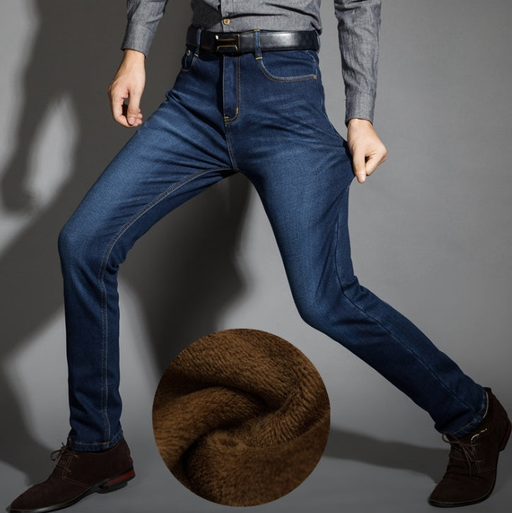 Autumn Winter Jeans Men's Straight Cotton Denim High Elastic Warm Velvet Lined Pants