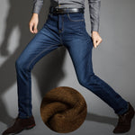Autumn Winter Jeans Men's Straight Cotton Denim High Elastic Warm Velvet Lined Pants
