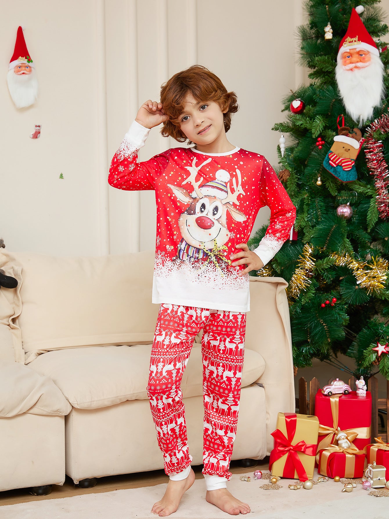 Cartoon Deer Snowflake Family Dress – Cute Random Print Pajamas | European & American Style Parent-Child Outfit