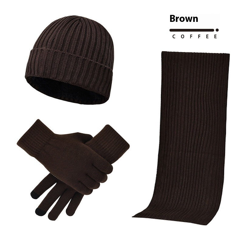 Men & Women Wool Hat Scarf Gloves Set – Thickened Knitted Winter Warm Three-Piece Set | Solid Color