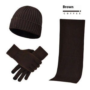 Men & Women Wool Hat Scarf Gloves Set – Thickened Knitted Winter Warm Three-Piece Set | Solid Color
