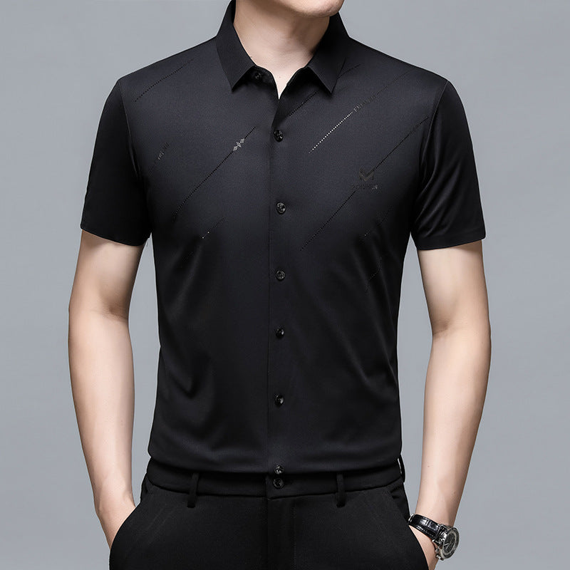 Men’s Seamless Short Sleeve Business Shirt – Lightweight Striped Summer Office Top for Smart Casual Style