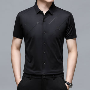 Men’s Seamless Short Sleeve Business Shirt – Lightweight Striped Summer Office Top for Smart Casual Style