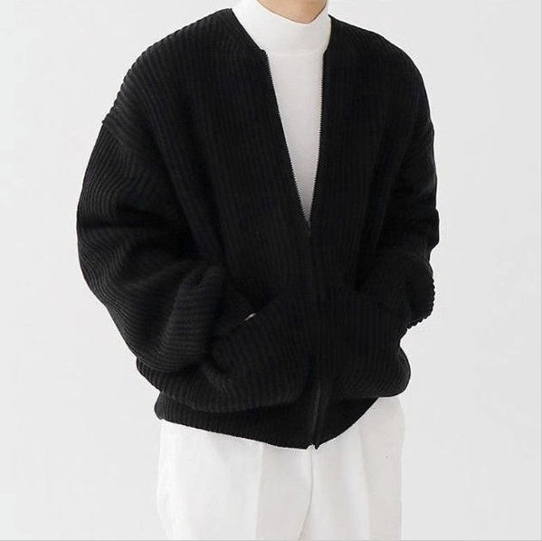 Men's Zip-Up Knitted Cardigan – Funnel Neck Sweater with Pockets, Soft, Comfortable, All-Season Long Sleeve Coat