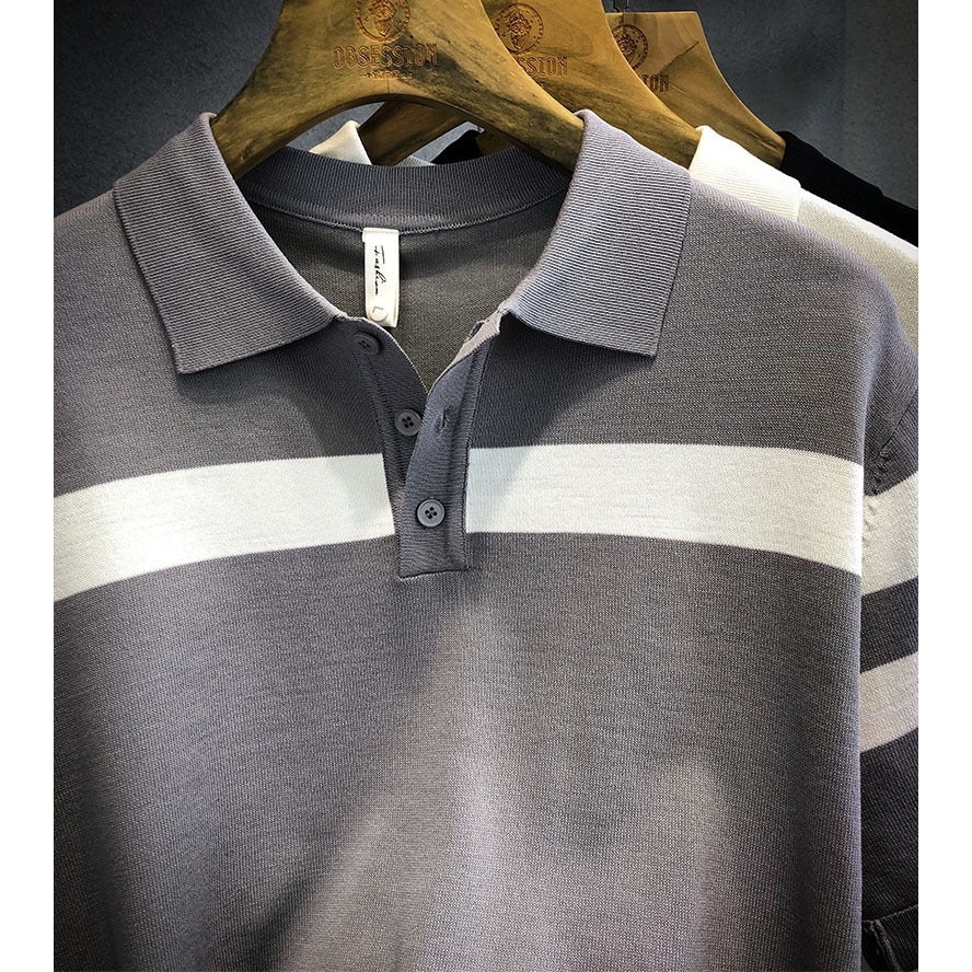 Men’s Polo Shirt Lapel Short-Sleeved Sweater – Lightweight Loose Fit Color Block Top