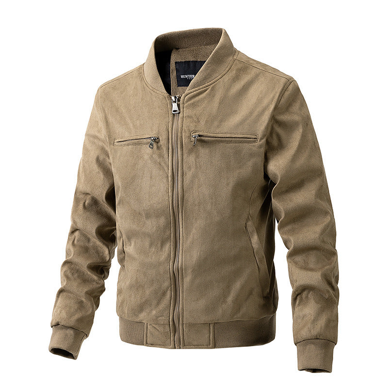 Men’s Suede Stand Collar Jacket – Casual Double Zipper Pocket Coat for Autumn & Daily Wear