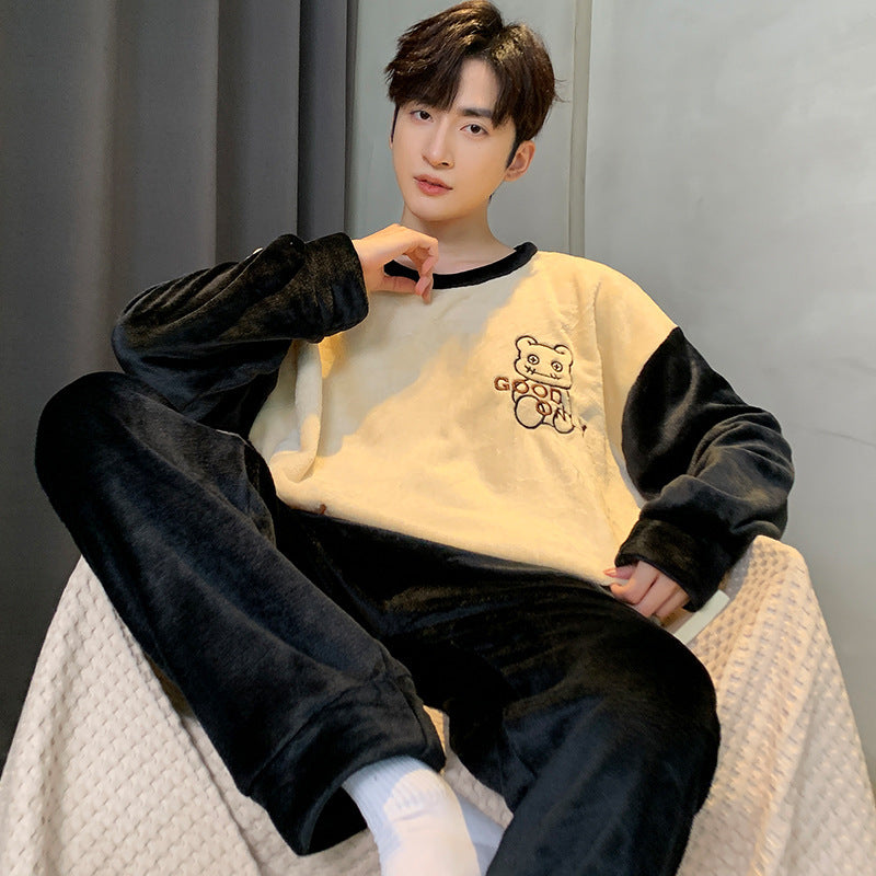 Men’s Coral Fleece Winter Pajamas – Thickened Flannel Lined Long-Sleeve Top & Trousers | Warm Homewear Suit