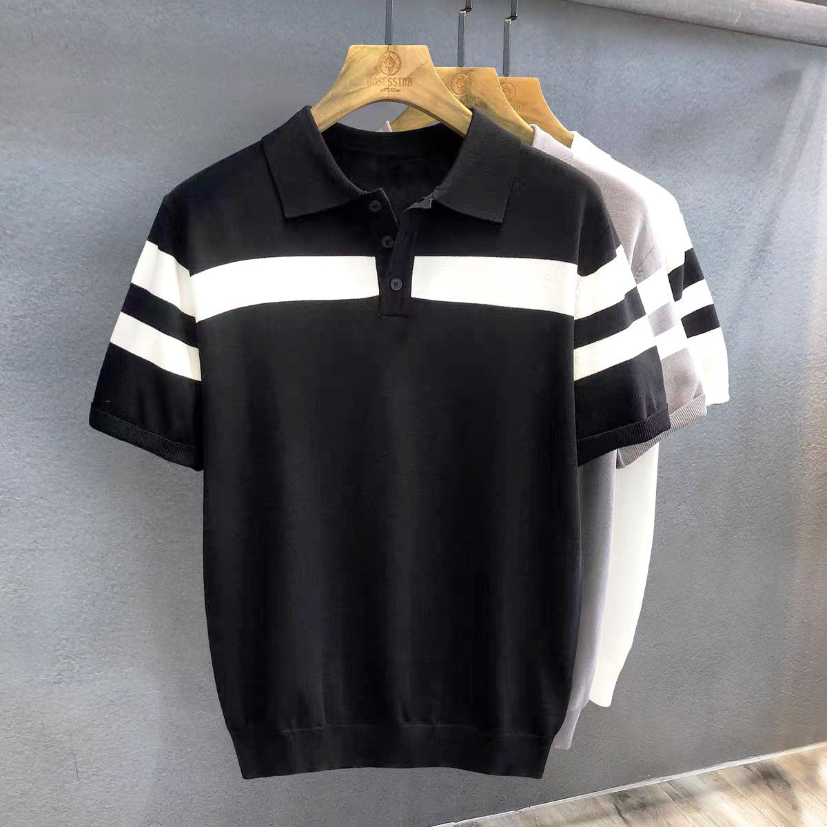 Men’s Polo Shirt Lapel Short-Sleeved Sweater – Lightweight Loose Fit Color Block Top