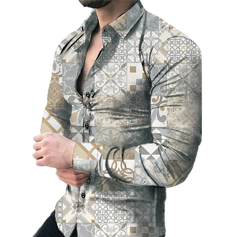 Men’s Casual Long Sleeve Floral Shirt – Lightweight Printed Cardigan Style Lapel Top for Daily Wear