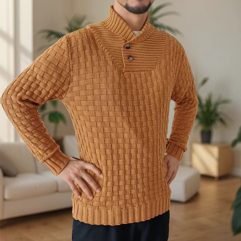 Men’s Slim Turtleneck Sweater – Button Design Pullover, Thick Solid Color Casual Fashion Top