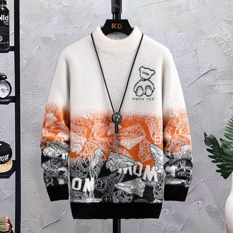 Men’s Patchwork Hip Hop Crew Neck Sweater – Loose Fit Thick Cotton Pullover, Winter Casual Top