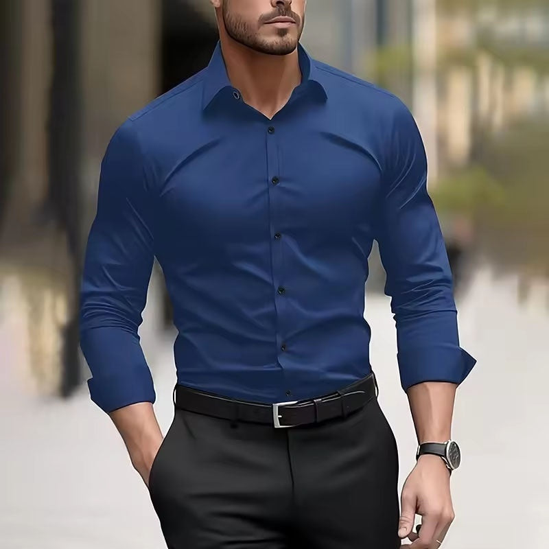 Men’s Long Sleeve Stretch Shirt – Fashionable Solid Color Loose Fit Top for Casual & Daily Wear
