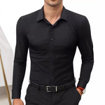 Men’s Full Elastic Long Sleeve Shirt – Simple Solid Color Stretch Cardigan for Daily Wear