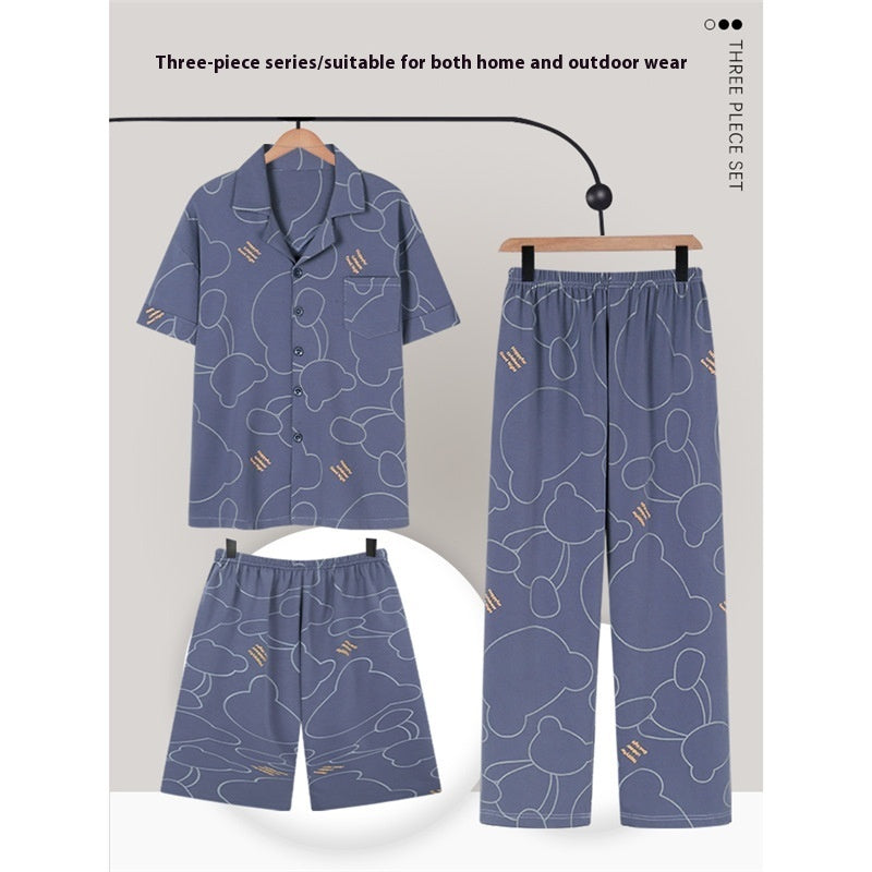 Men’s Summer Cotton Pajamas – Short Sleeve Shirt & Trousers Three-Piece Cartoon Set