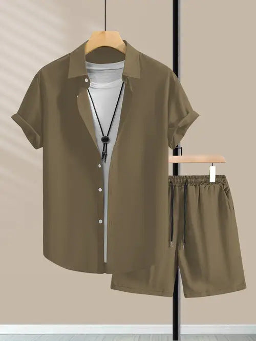 Men’s Casual Style Short Sleeve Shirt & Shorts Set – Simple Summer Outfit for Daily Comfort