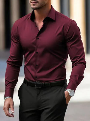 Men’s Long Sleeve Button Down Shirt – Solid Color Business Casual Lapel Top for Summer & Vacation Wear