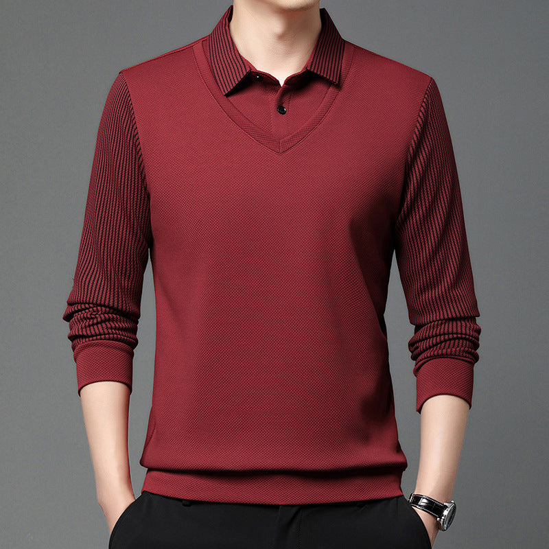 Men’s Business Casual Fake Two-Piece Striped Sleeve T-Shirt – Comfortable Polyester Blend for Daily Leisure