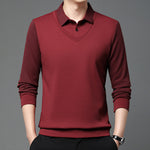 Men’s Business Casual Fake Two-Piece Striped Sleeve T-Shirt – Comfortable Polyester Blend for Daily Leisure
