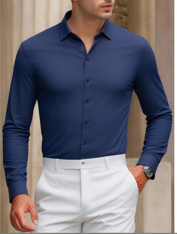 Men’s Summer Anti-Wrinkle Long Sleeve Casual Shirt – Loose Fit Polyester Top for Leisure and Daily Wear