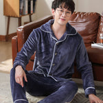 Men’s Coral Fleece Cardigan Pajamas – Long Sleeve Homewear Set, Warm and Comfortable for Winter and All Seasons