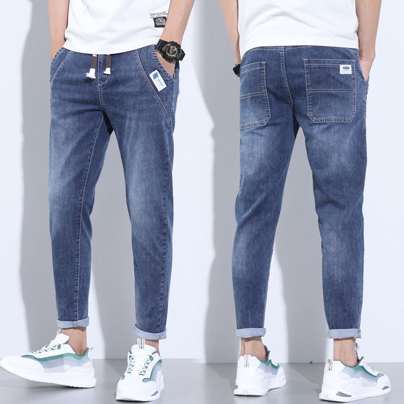 Denim Stretch Casual Men's Cropped Trousers Thin Lightweight Polyester Mid Waist Elastic Pants