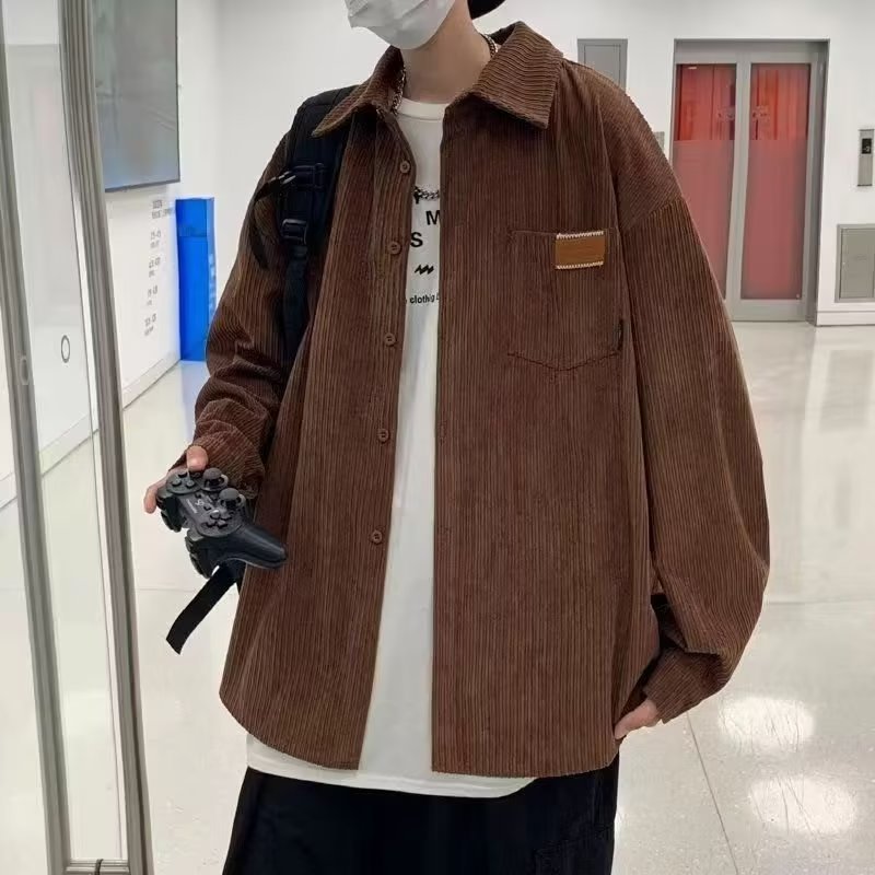 Men’s Loose American Retro Corduroy Shirt – Long Sleeve Polyester Casual Top for Everyday Wear