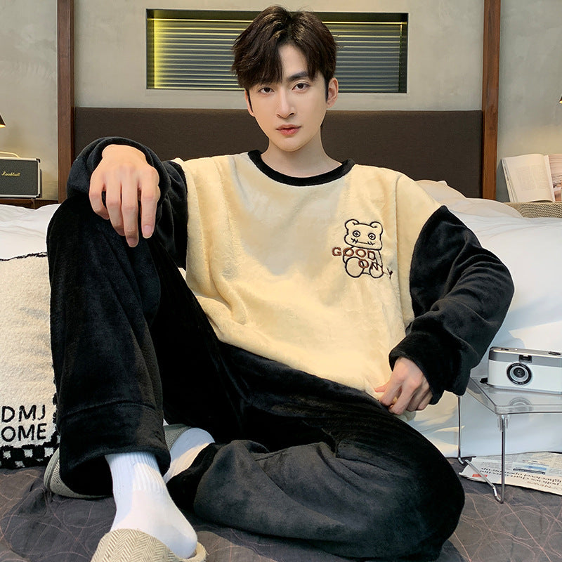 Men’s Coral Fleece Winter Pajamas – Thickened Flannel Lined Long-Sleeve Top & Trousers | Warm Homewear Suit