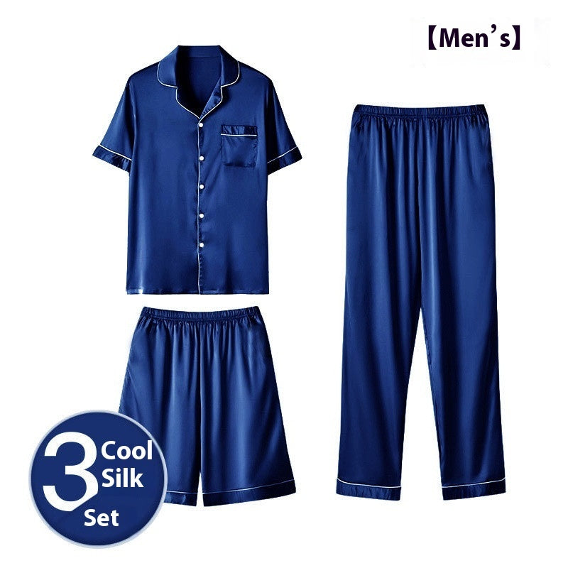 Men’s Ice Silk Homewear Three-Piece Suit – Lightweight Pajamas with Shorts and Trousers for Comfortable Relaxation