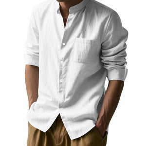 Men’s Long Sleeve Stand Collar Linen Shirt with Pockets – Casual Lightweight Button Down Top for Everyday Wear