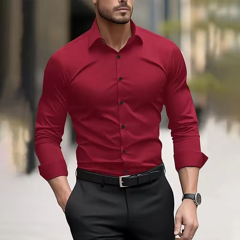 Men’s Long Sleeve Stretch Shirt – Fashionable Solid Color Loose Fit Top for Casual & Daily Wear