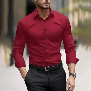 Men’s Long Sleeve Stretch Shirt – Fashionable Solid Color Loose Fit Top for Casual & Daily Wear