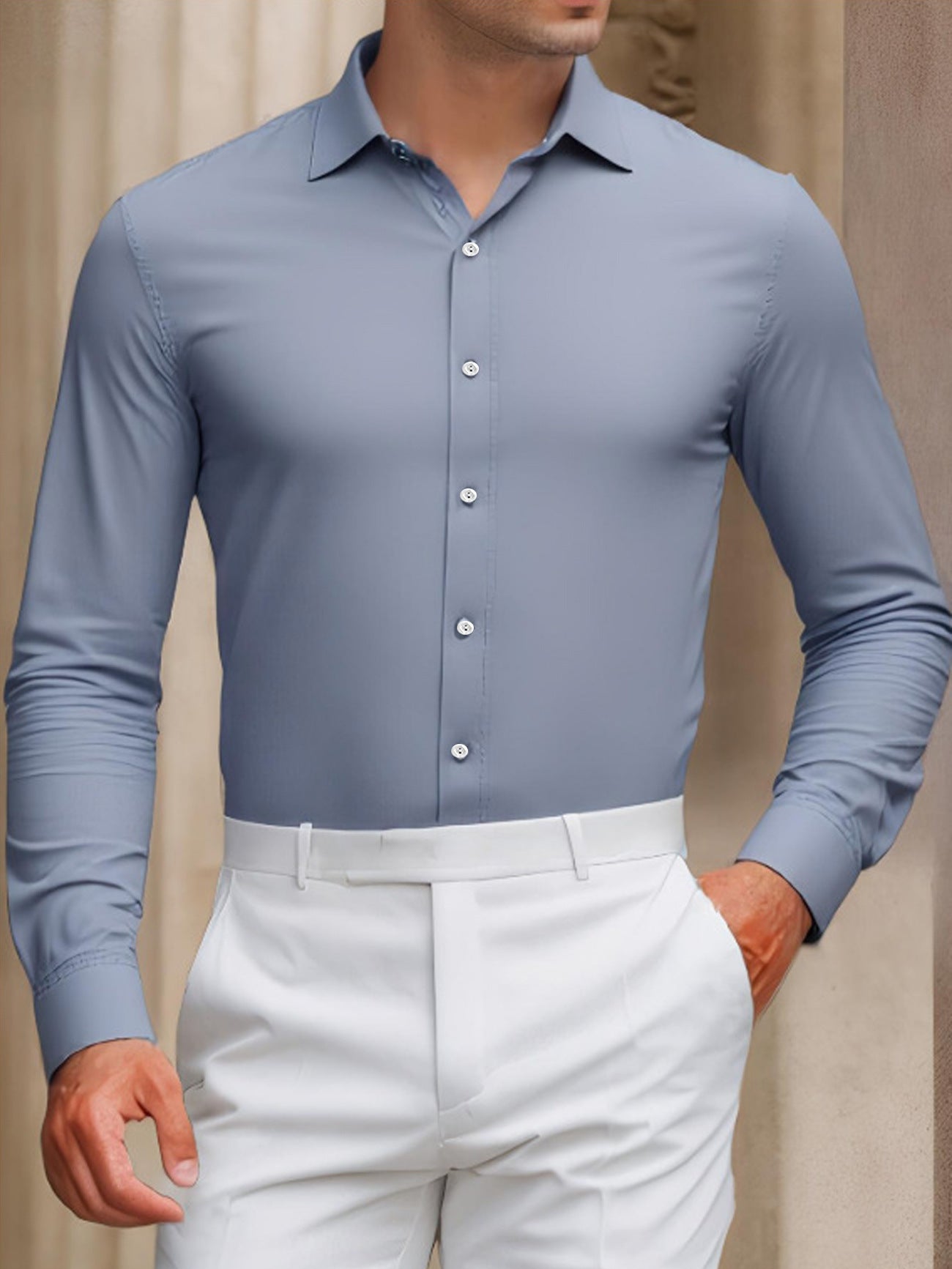 Men’s Summer Anti-Wrinkle Long Sleeve Casual Shirt – Loose Fit Polyester Top for Leisure and Daily Wear