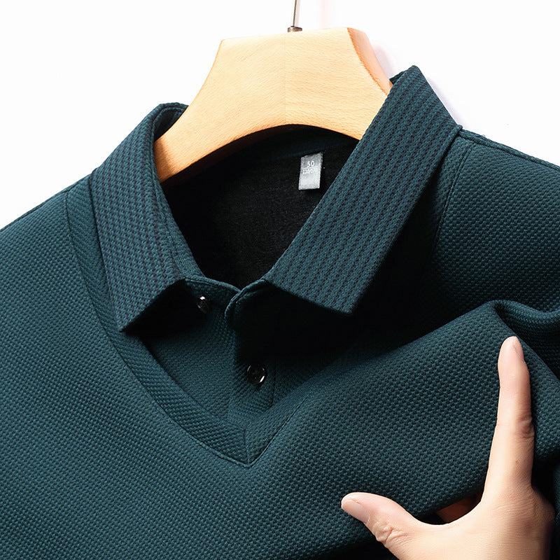 Men’s Business Casual Fake Two-Piece Striped Sleeve T-Shirt – Comfortable Polyester Blend for Daily Leisure
