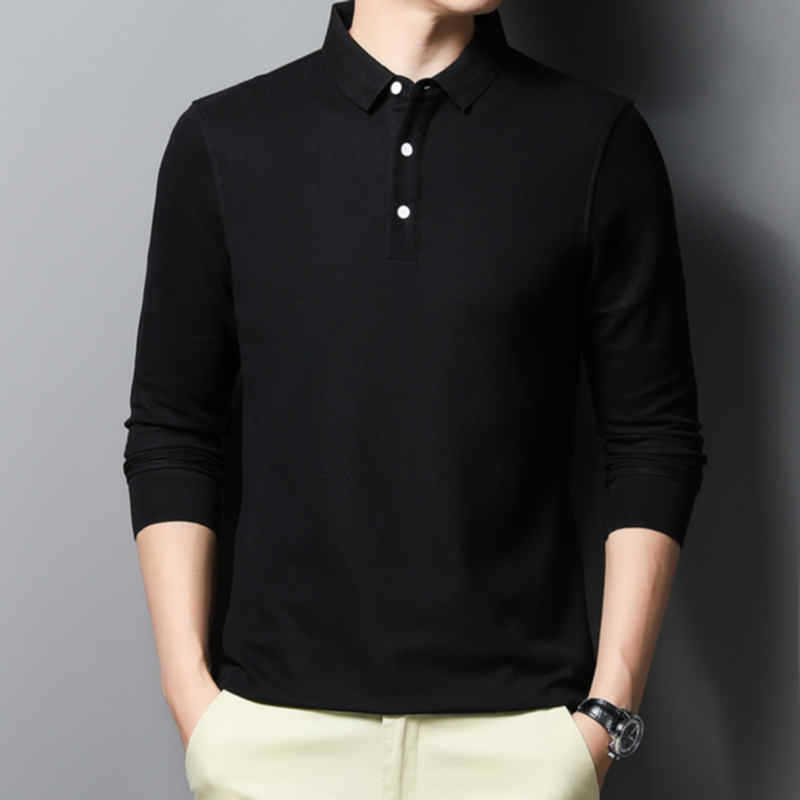 Casual Classic Solid Color Long Sleeve Polo Shirt for Men – Comfortable Cotton Blend Top