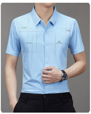 Men’s Seamless Short Sleeve Business Shirt – Lightweight Striped Summer Office Top for Smart Casual Style