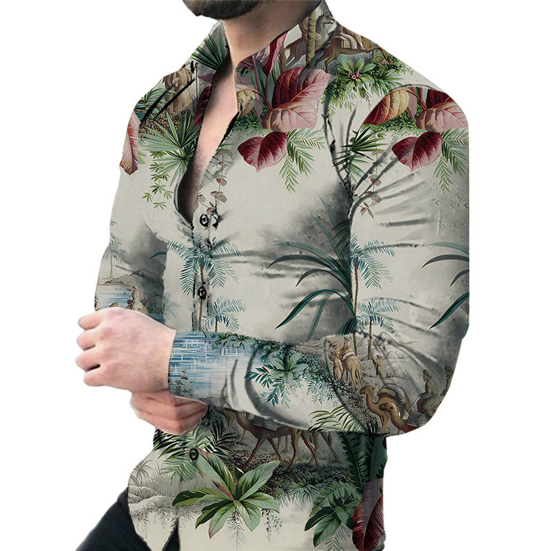 Men’s Casual Long Sleeve Floral Shirt – Lightweight Printed Cardigan Style Lapel Top for Daily Wear