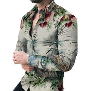 Men’s Casual Long Sleeve Floral Shirt – Lightweight Printed Cardigan Style Lapel Top for Daily Wear