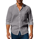 Men’s Long Sleeve Stand Collar Linen Shirt with Pockets – Casual Lightweight Button Down Top for Everyday Wear