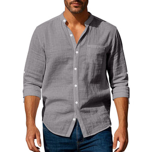 Men’s Long Sleeve Stand Collar Linen Shirt with Pockets – Casual Lightweight Button Down Top for Everyday Wear