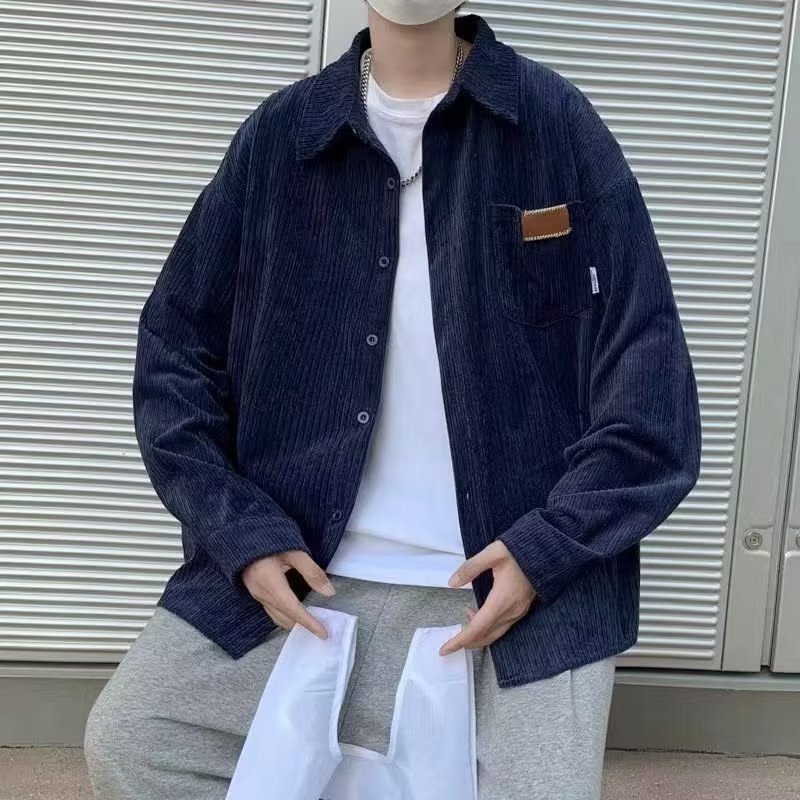 Men’s Loose American Retro Corduroy Shirt – Long Sleeve Polyester Casual Top for Everyday Wear
