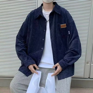 Men’s Loose American Retro Corduroy Shirt – Long Sleeve Polyester Casual Top for Everyday Wear