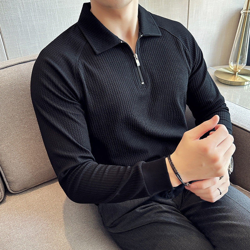 Men’s High Elastic Thickened Seersucker Half Zipper Polo Shirt – Casual Polyester Top