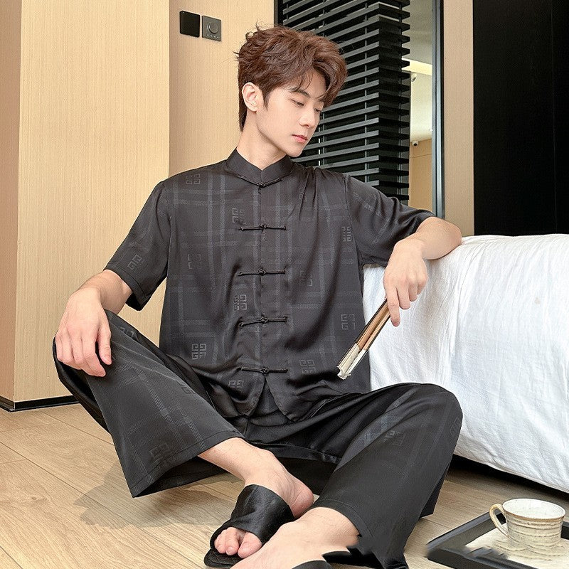 Men’s Summer Ice Silk Pajamas – Short Sleeve Cardigan & Trousers Set, Lightweight Comfortable Sleepwear