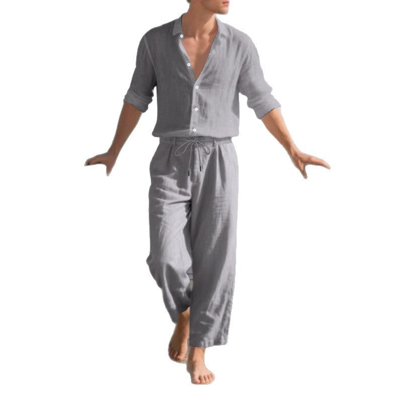 Loose Casual Long Sleeves Shirt and Trousers Two-Piece Set for Men – Lightweight Linen Outfit