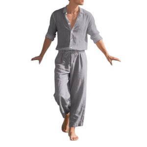 Loose Casual Long Sleeves Shirt and Trousers Two-Piece Set for Men – Lightweight Linen Outfit