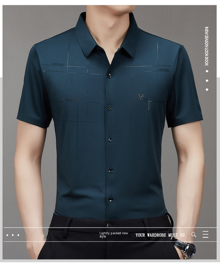 Men’s Seamless Short Sleeve Business Shirt – Lightweight Striped Summer Office Top for Smart Casual Style