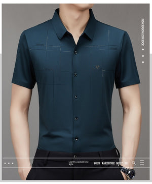 Men’s Seamless Short Sleeve Business Shirt – Lightweight Striped Summer Office Top for Smart Casual Style
