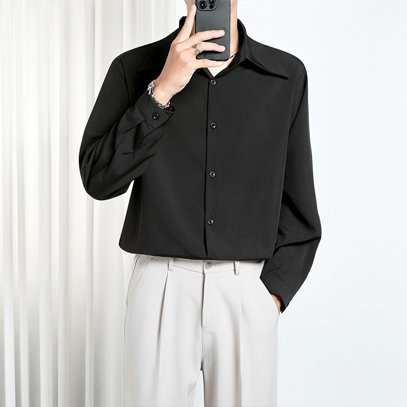 Korean Style Men’s Loose Trendy Shirt – High-End Draping Non-Ironing Polyester Top for Teenagers